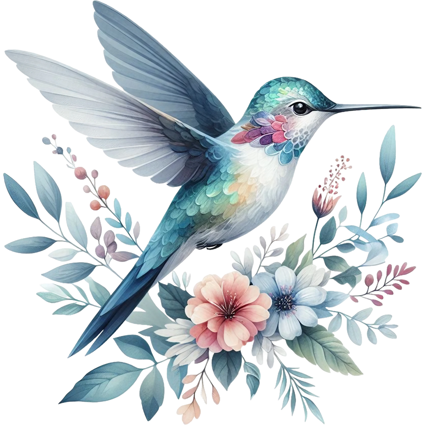 Watercolor Hummingbird Floral Fabric Panel 15