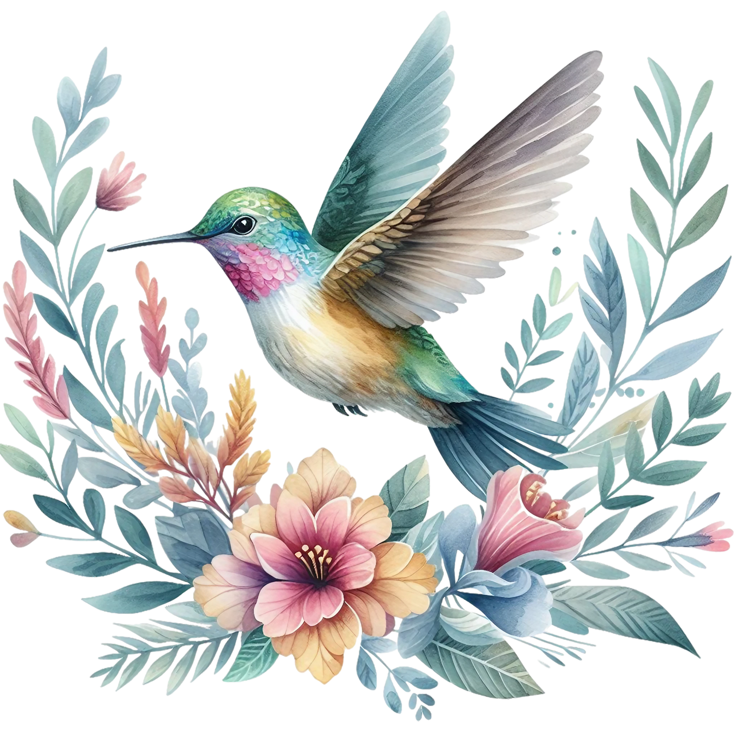 Watercolor Hummingbird Floral Fabric Panel 26