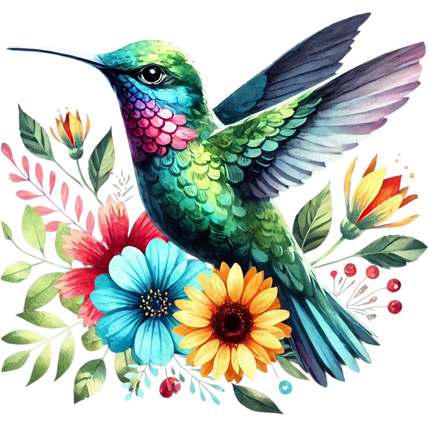 Watercolor Hummingbird Floral Fabric Panel 28