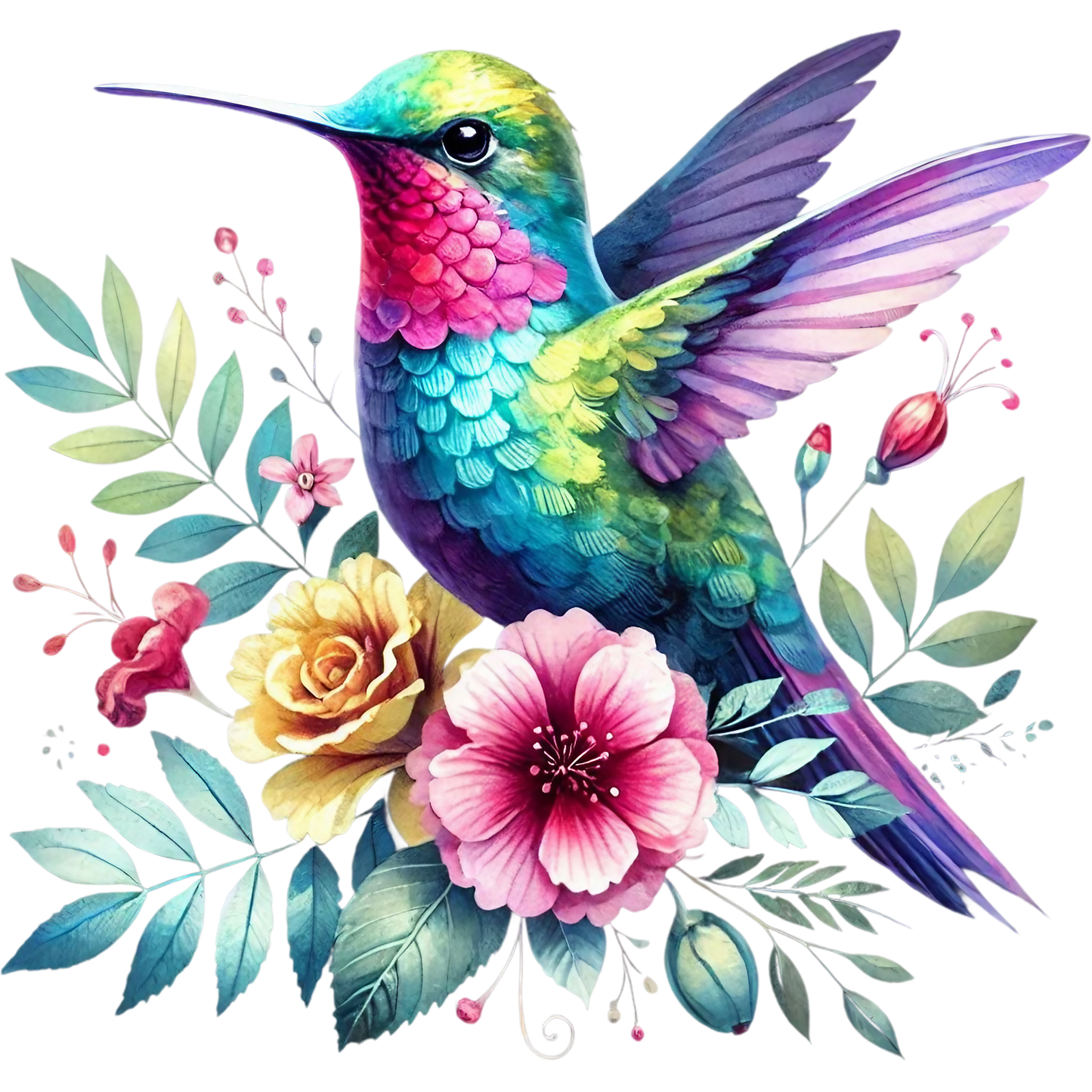 Watercolor Hummingbird Floral Fabric Panel 32