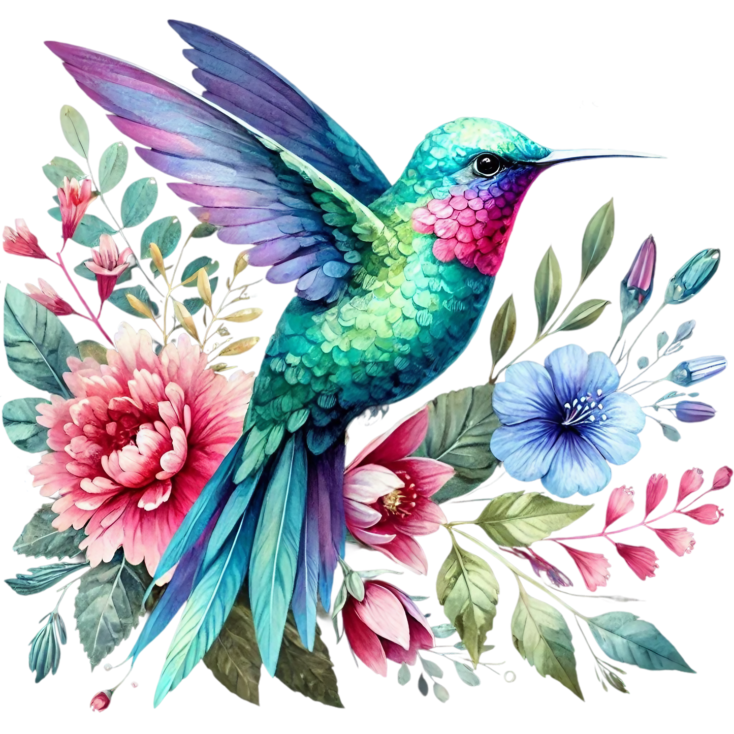 Watercolor Hummingbird Floral Fabric Panel 35