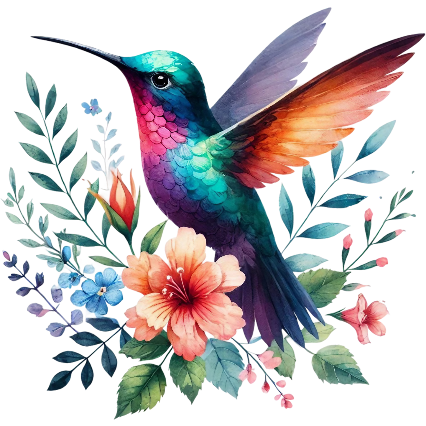 Watercolor Hummingbird Floral Fabric Panel 36