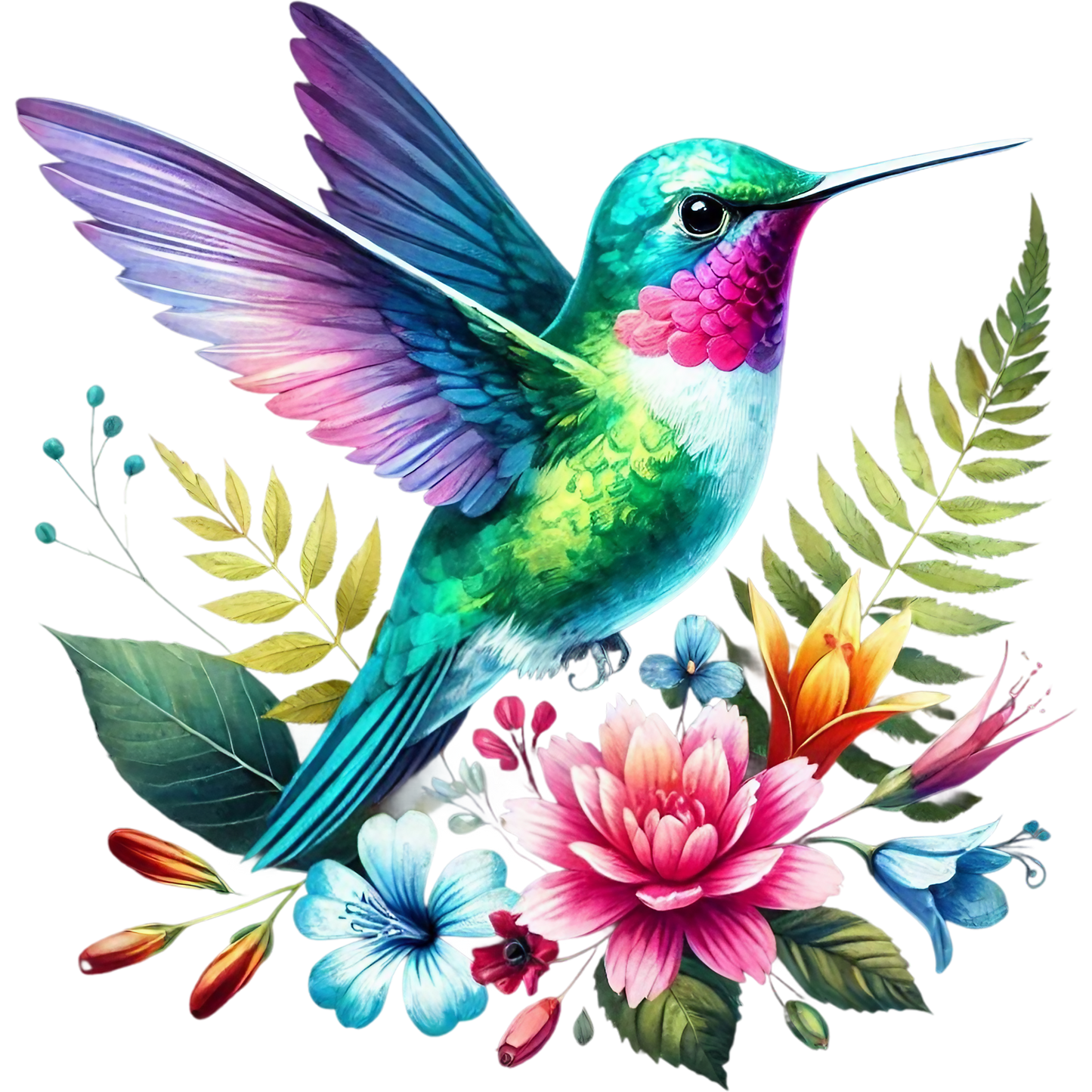 Watercolor Hummingbird Floral Fabric Panel 39