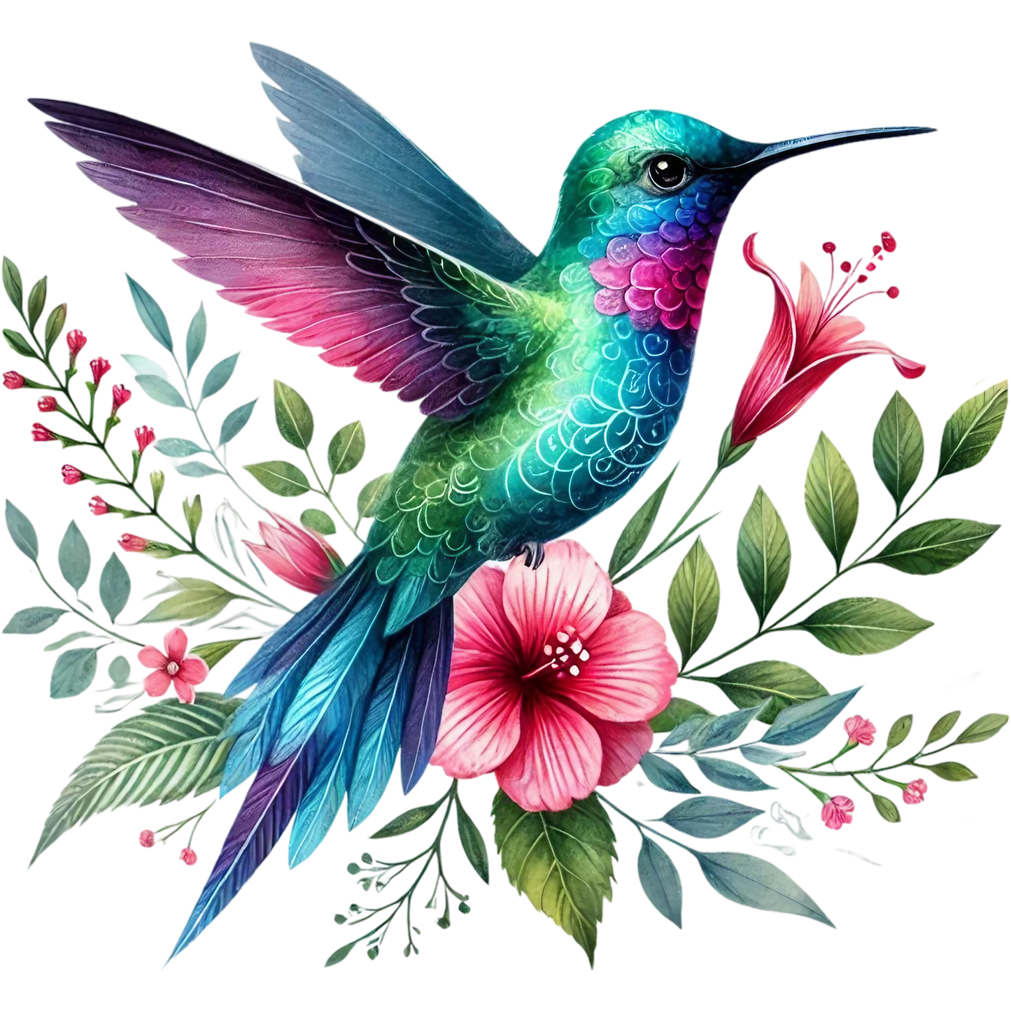 Watercolor Hummingbird Floral Fabric Panel 40