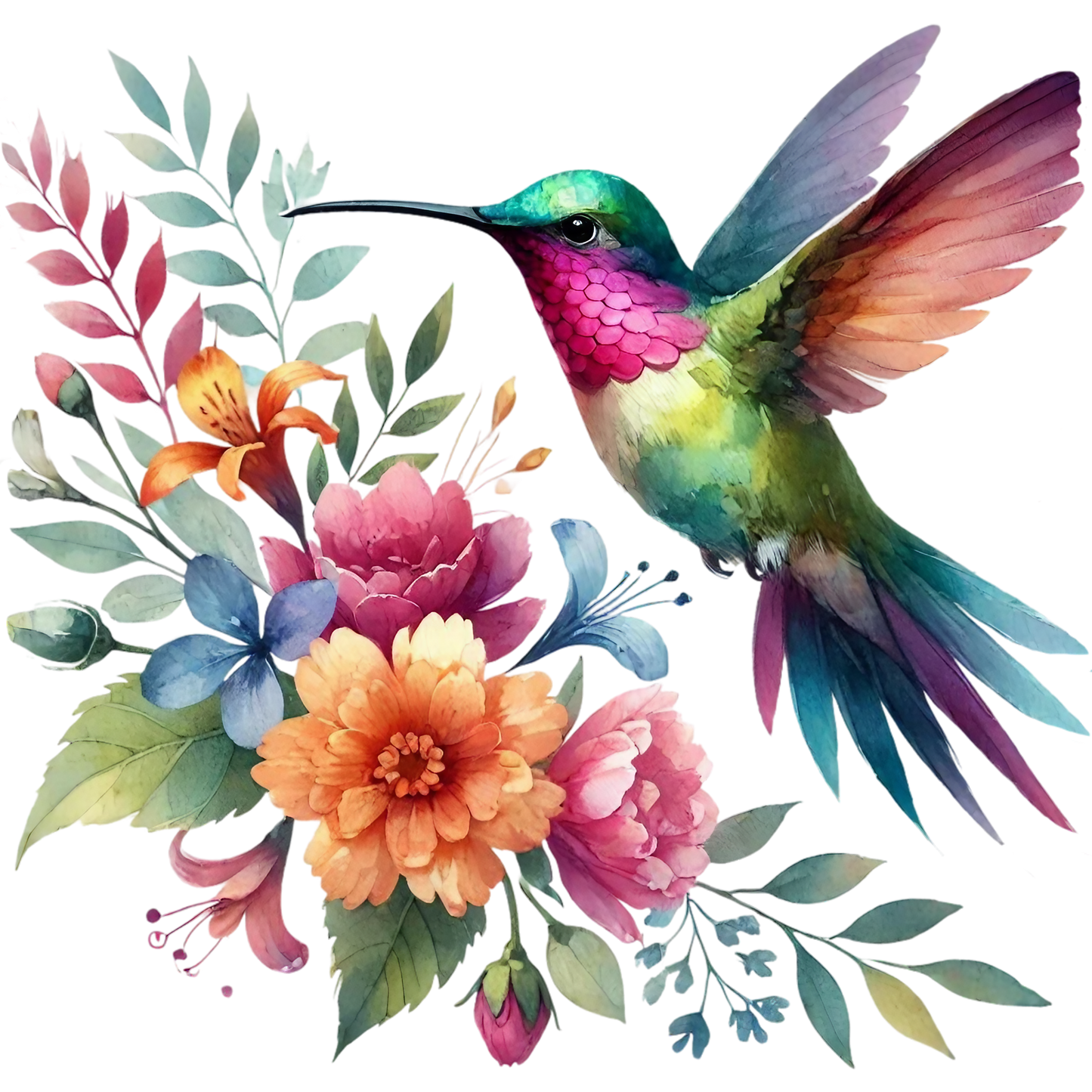 Watercolor Hummingbird Floral Fabric Panel 42