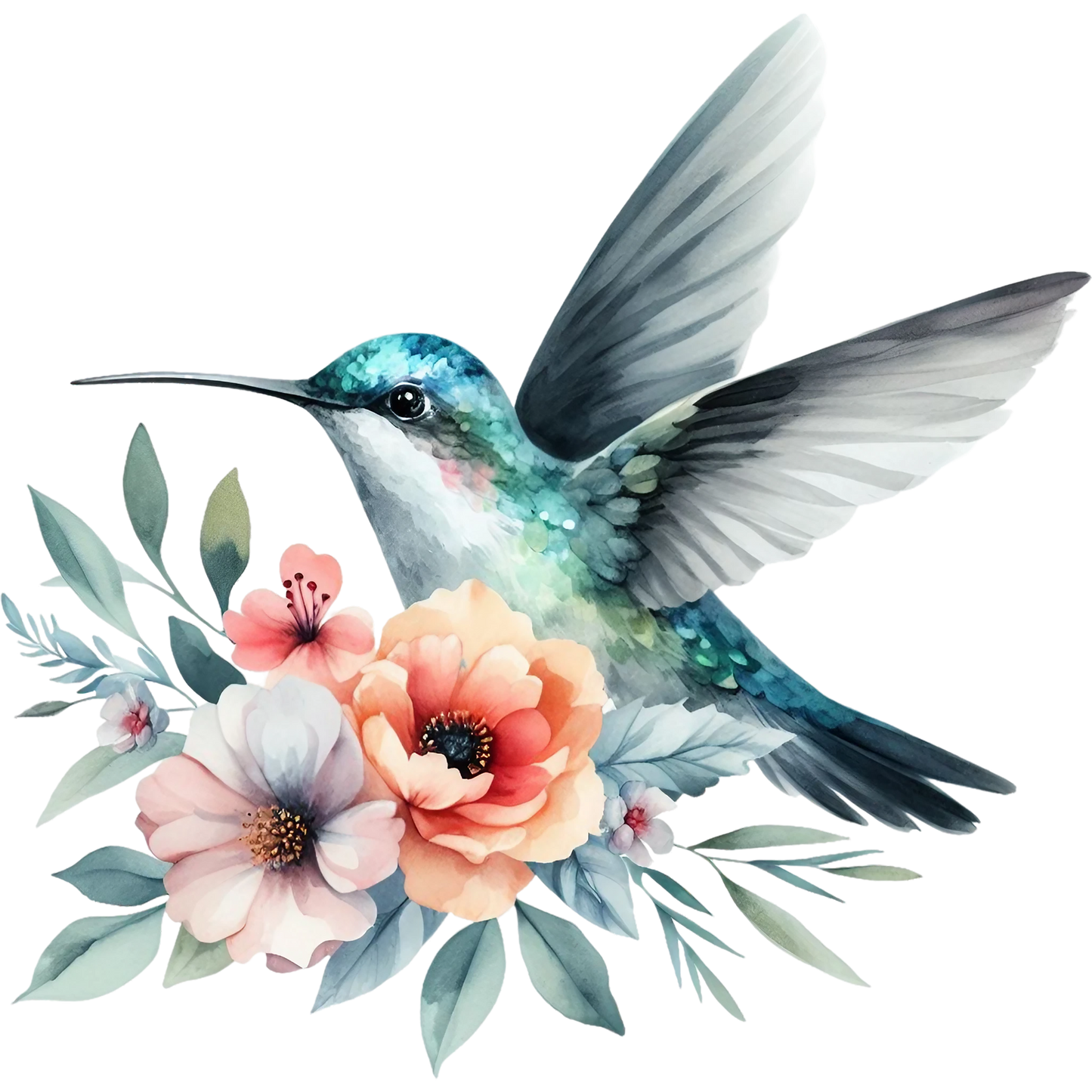 Watercolor Hummingbird Floral Fabric Panel 5