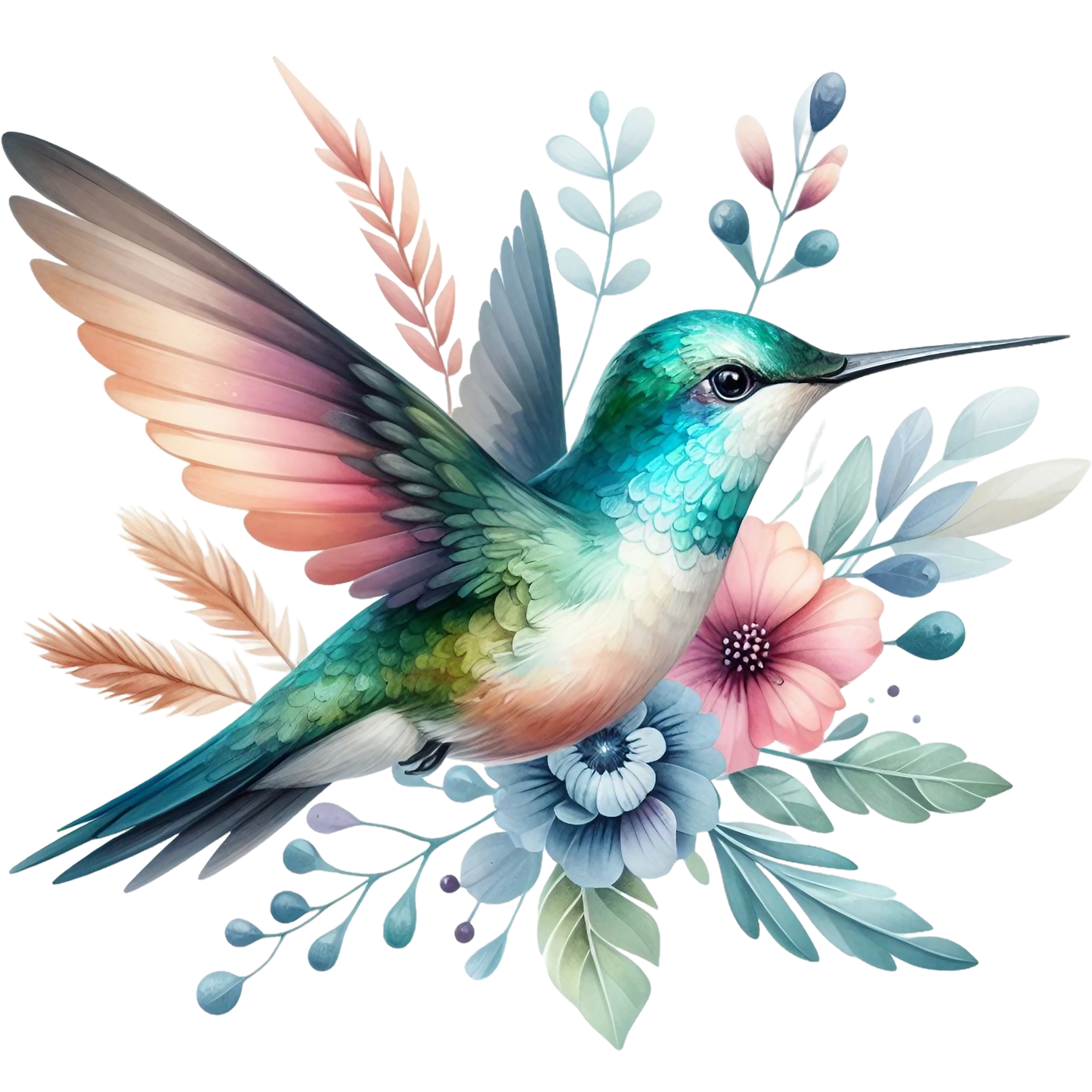 Watercolor Hummingbird Floral Fabric Panel 9