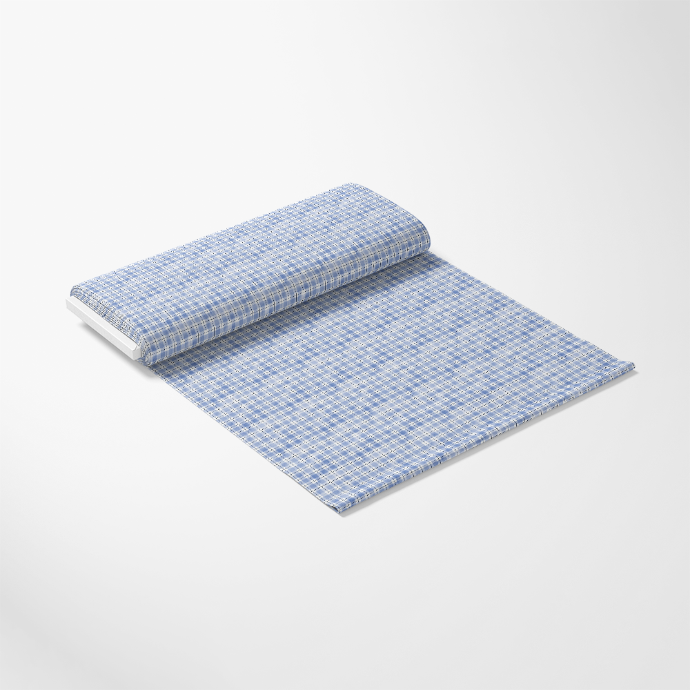 A roll of blue and white checkered fabric partially unrolled on a plain white background.