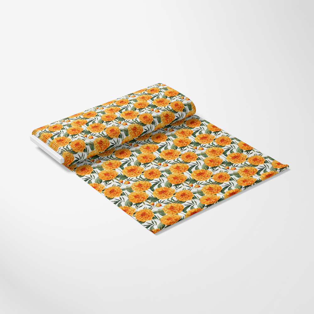 - Watercolor Marigold Flower Pattern 6 Quilting Cotton Fabric
- Orange marigold flowers
- Green leaves
- White background
- Floral print
- Quilting cotton material
- Artistic flower design
- Fabric yardage
- Soft texture
- Sewing craft material