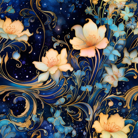 Floral illustration with yellow and blue flowers on a dark background, featuring swirling golden accents and star-like dots.