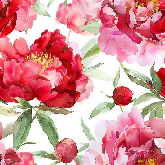Red and pink peonies with green leaves on a white background, featuring watercolor-style blooms and buds.