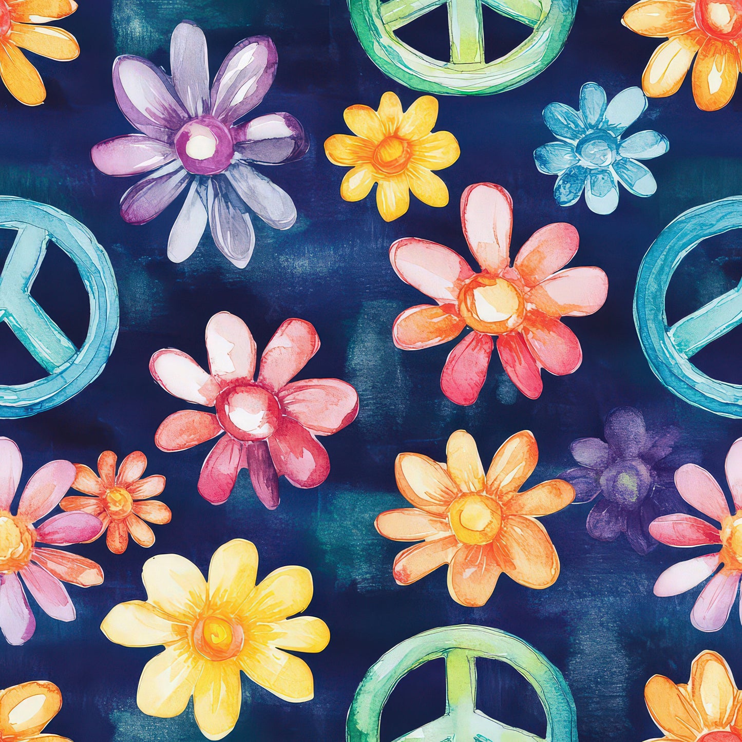 Watercolor Hippie Flower Pattern 4 Quilting Cotton Fabric