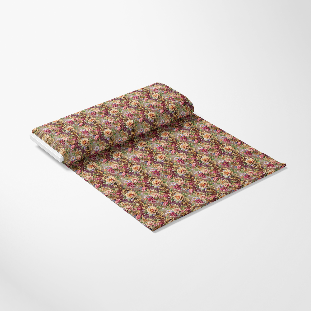 A partially unrolled roll of wallpaper featuring a repeated floral pattern with pink, yellow, and green colors, displayed on a plain white background.