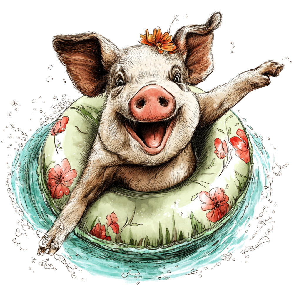 Whimsical Quirky Pool Float Pig Fabric Panel 17