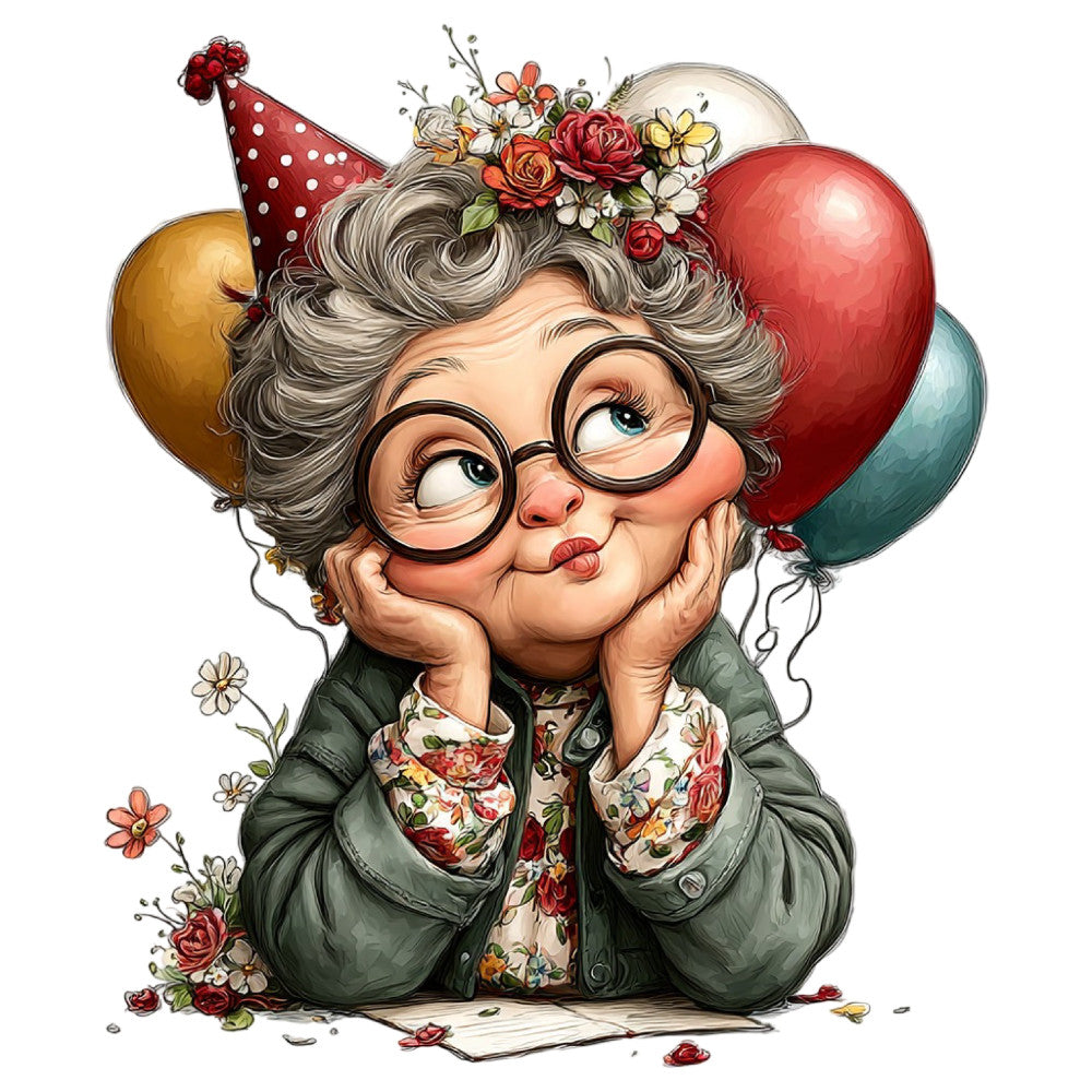Whimsical Old Lady Birthday Fabric Panel 12