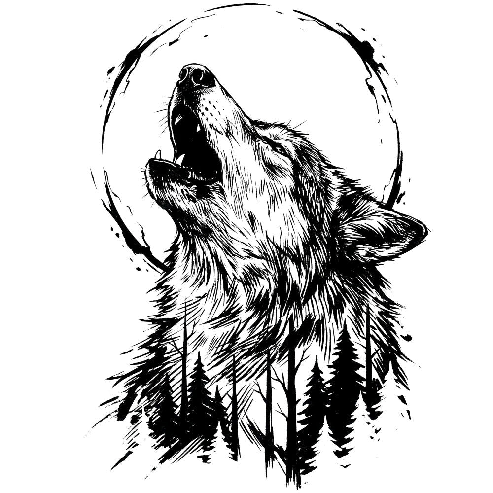 Howling Wolf Forest Line Art Fabric Panel 1