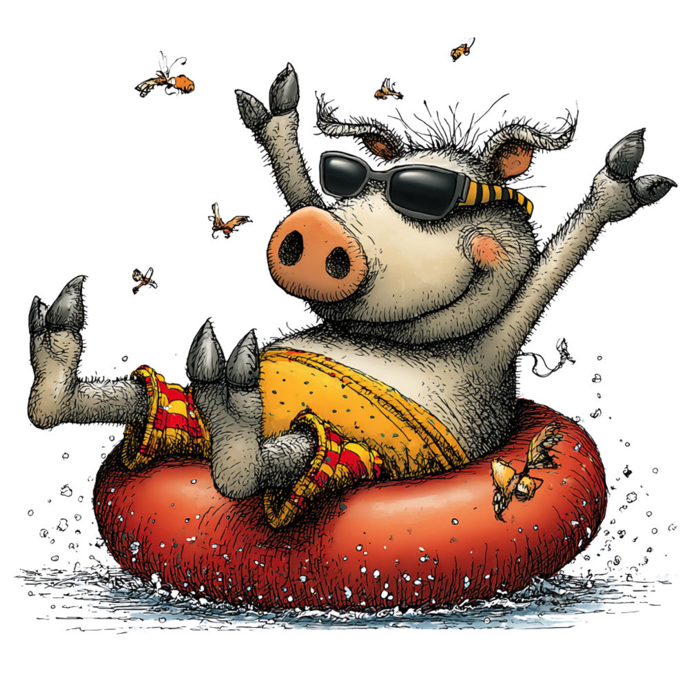 Whimsical Quirky Pool Float Pig Fabric Panel 6