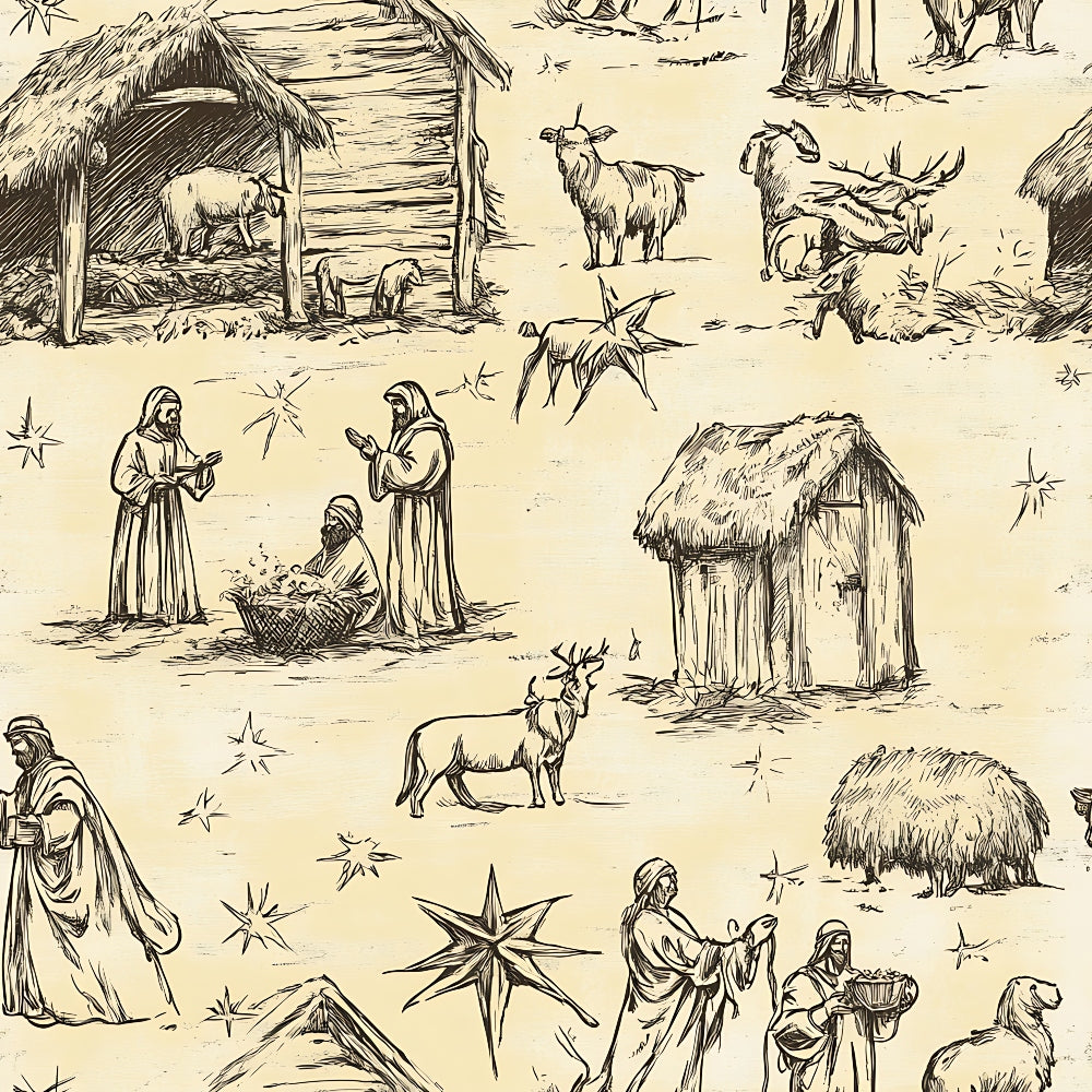 Daily Deal: Vintage Nativity Scenes Pattern 19 Quilting Cotton Fabric - 118" x 1 Yard"