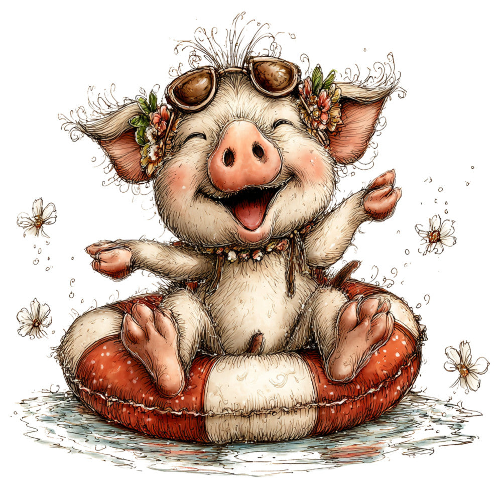 Whimsical Quirky Pool Float Pig Fabric Panel 5