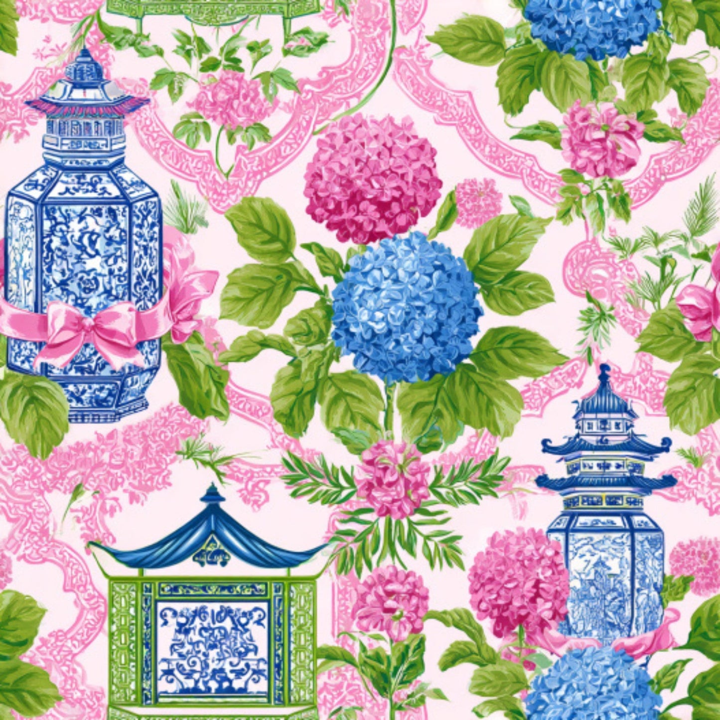 Daily Deal: Pink Chinoiserie Mahjong Pattern 12 Quilting Cotton Fabric - 118" x 12 Yards"