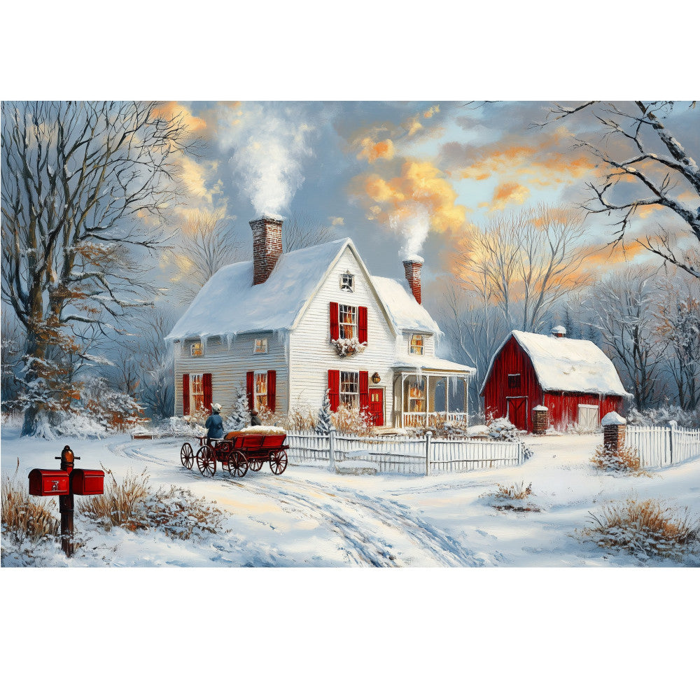 Glowing Lights on Snowy Farm Fabric Panel 1