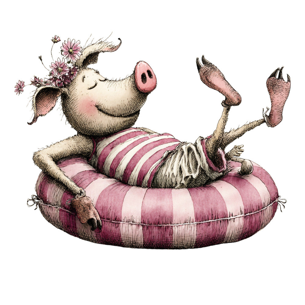 Whimsical Quirky Pool Float Pig Fabric Panel 16