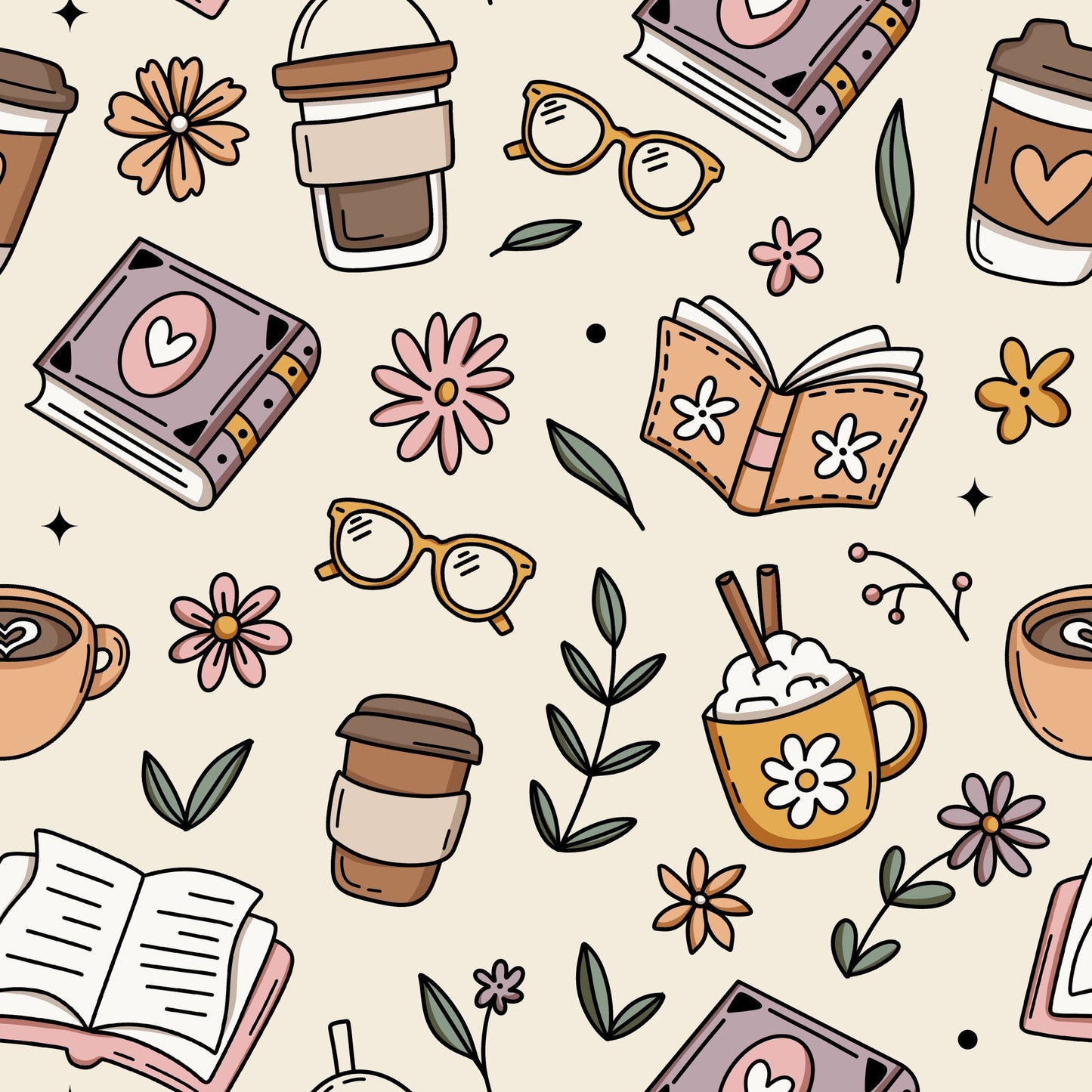 Daily Deal: Boho Coffee and Books Pattern 1 Quilting Cotton Fabric - 45" x 1 Yard"