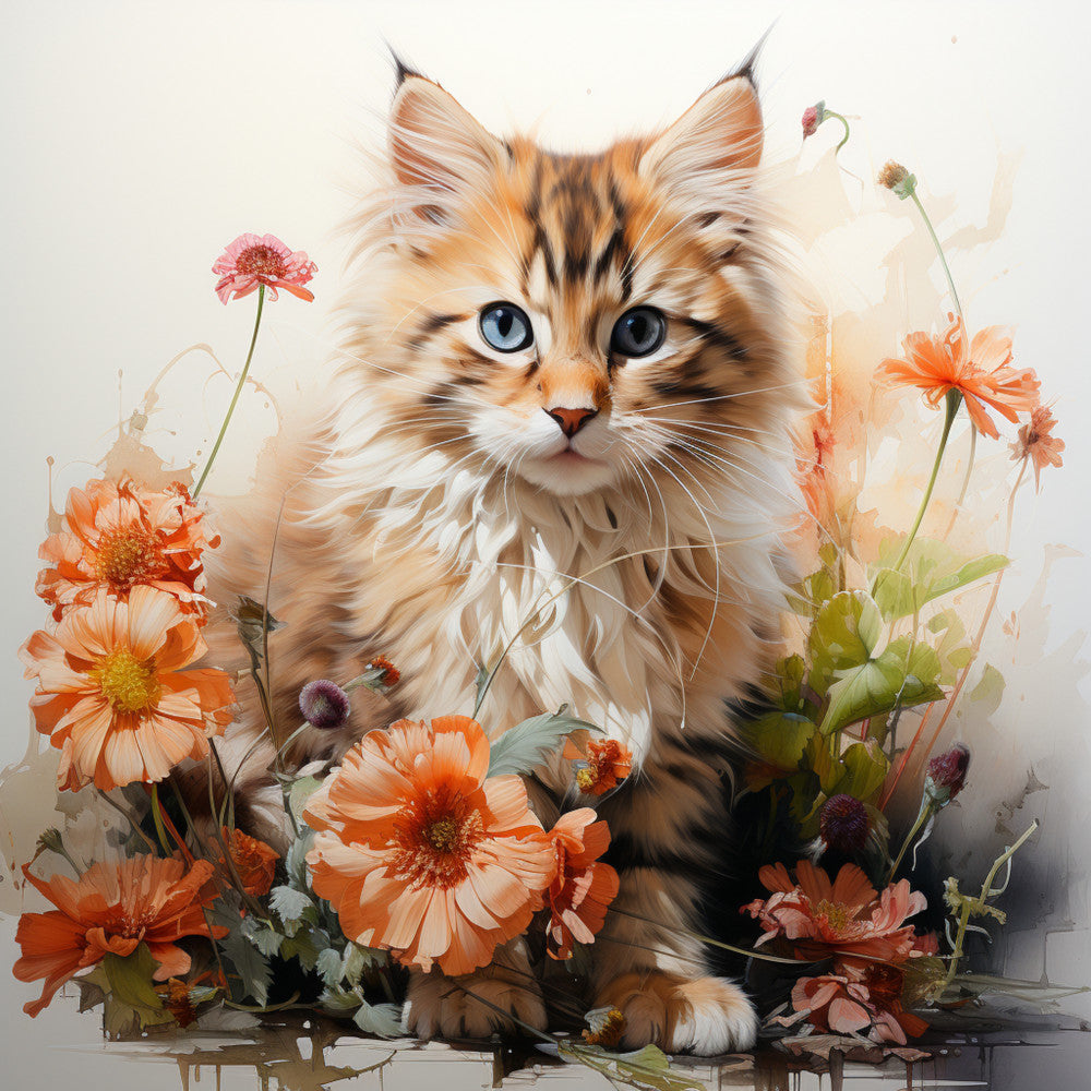Watercolor Cats with Flowers Fabric Panel 9