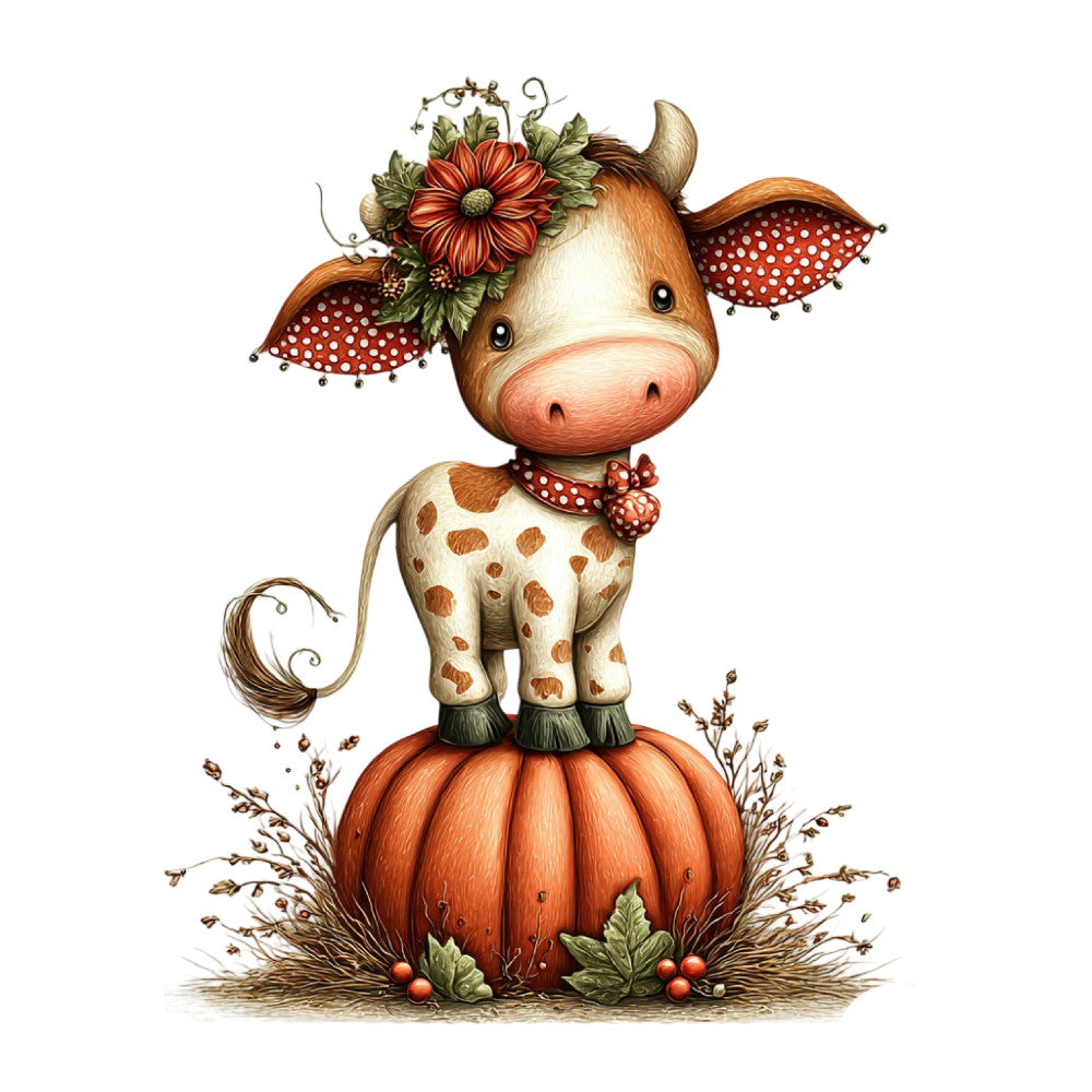 Whimsical Autumn Cow Fabric Panel 17