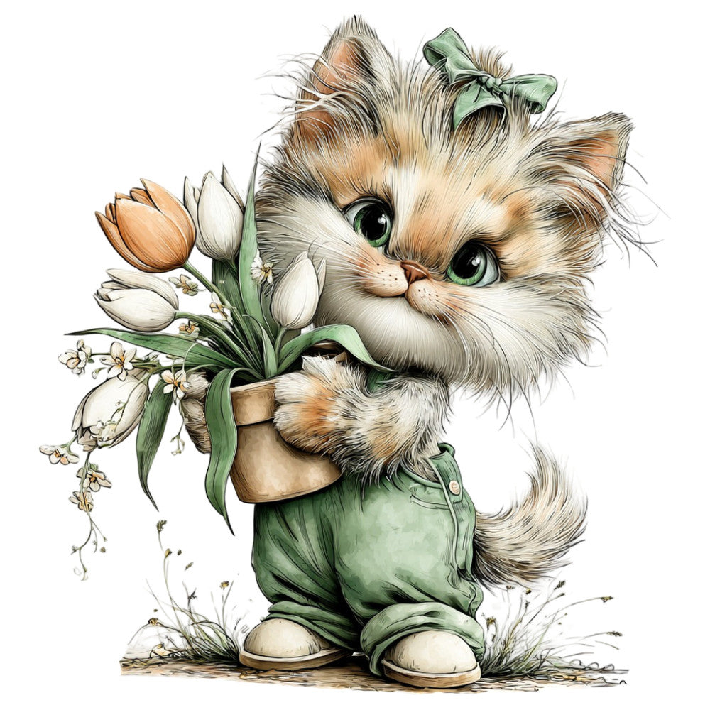 Whimsical Spring Cat Fabric Panel 23