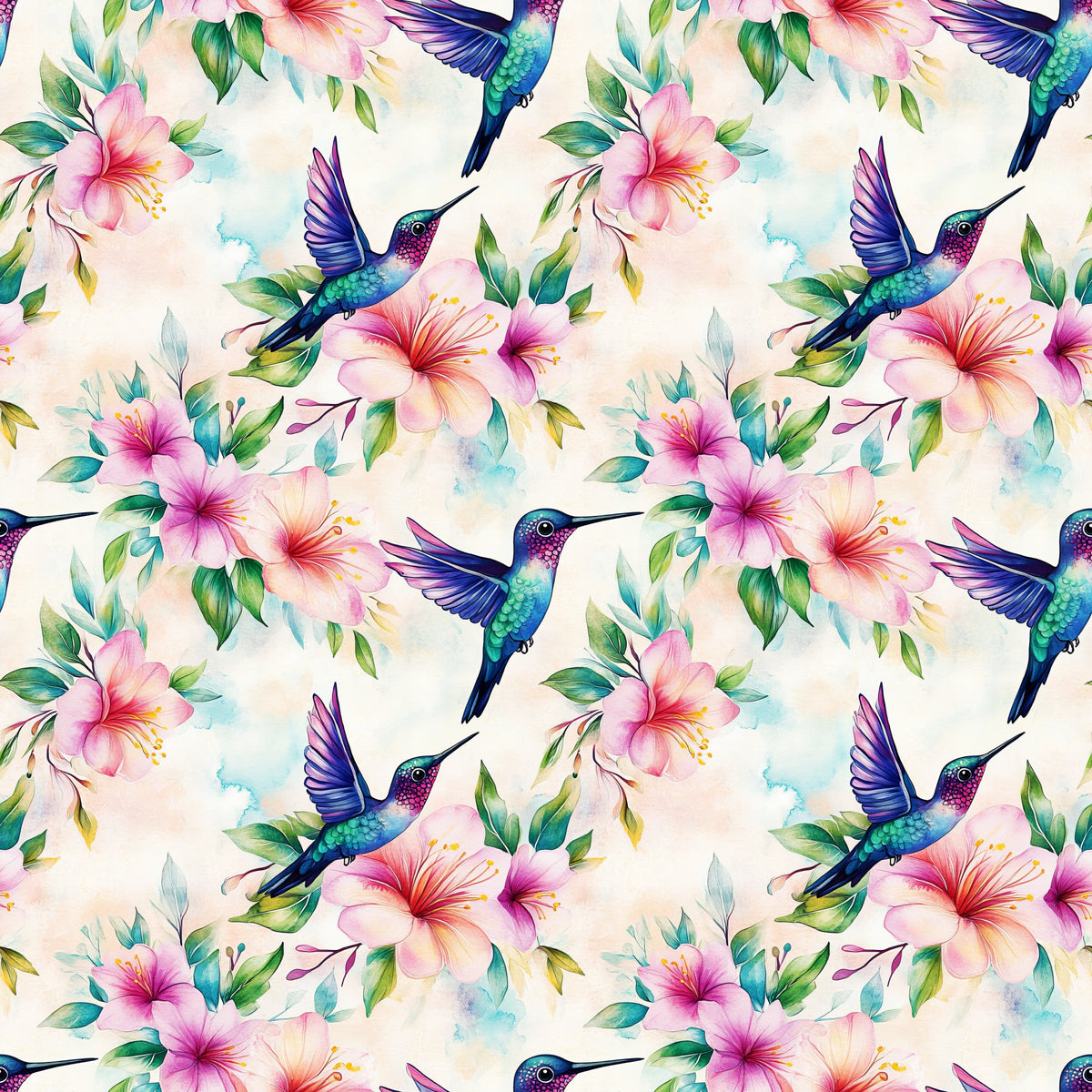 Daily Deal: Watercolor Hummingbirds and Hibiscus Pattern 1 Quilting Cotton Fabric - 45" x 2 Yards"