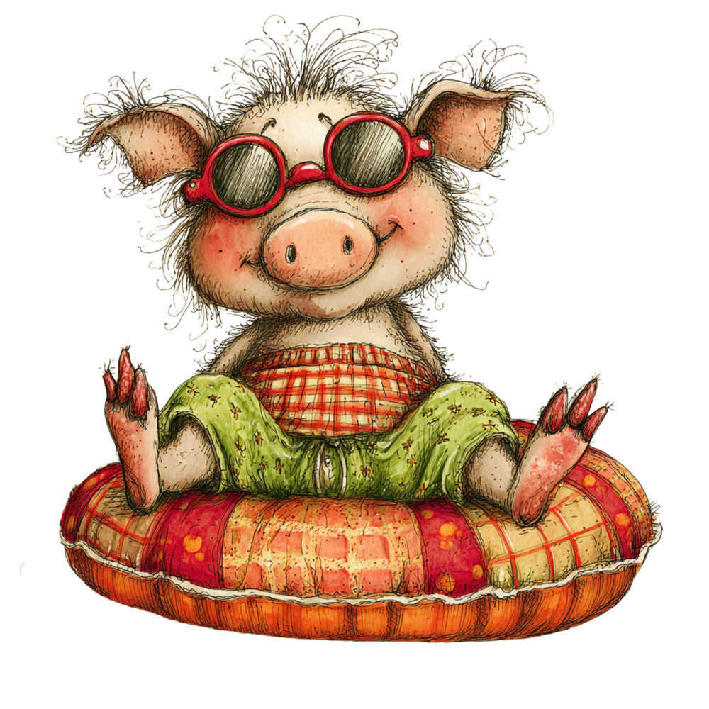 Whimsical Quirky Pool Float Pig Fabric Panel 18