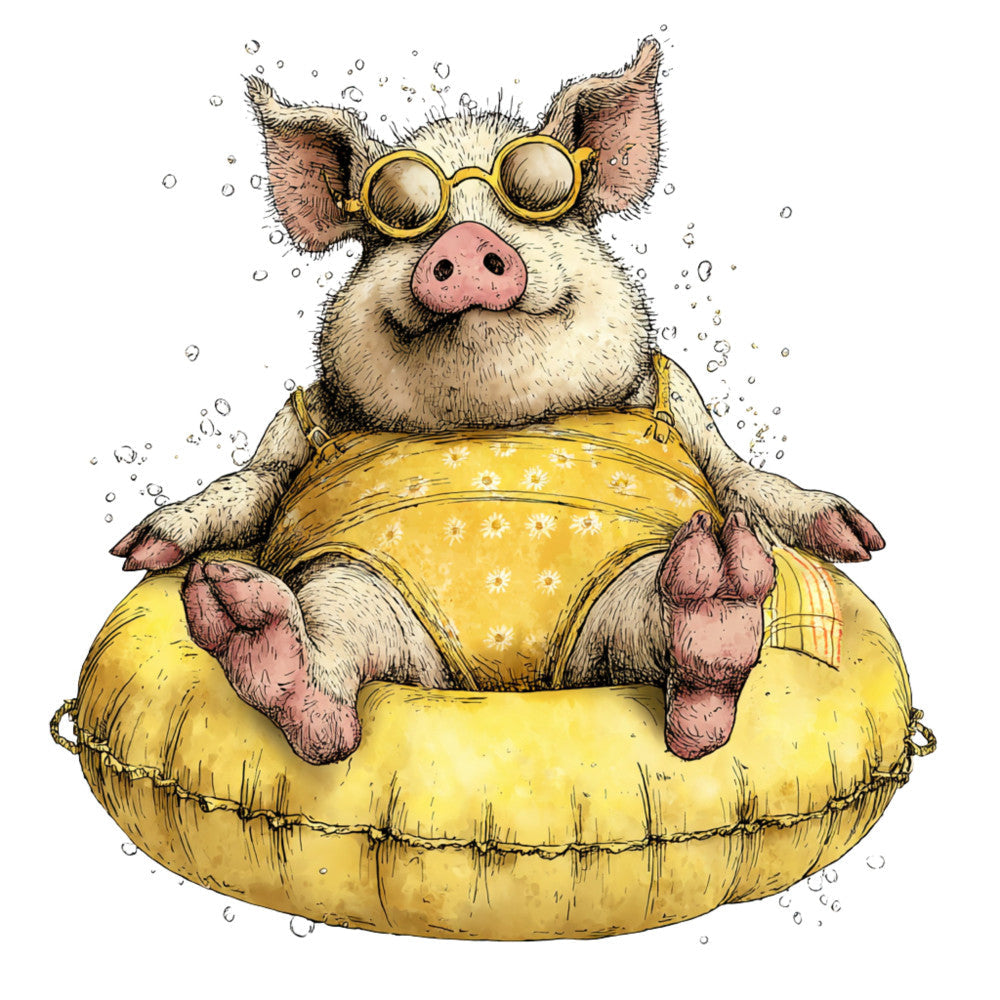 Whimsical Quirky Pool Float Pig Fabric Panel 1