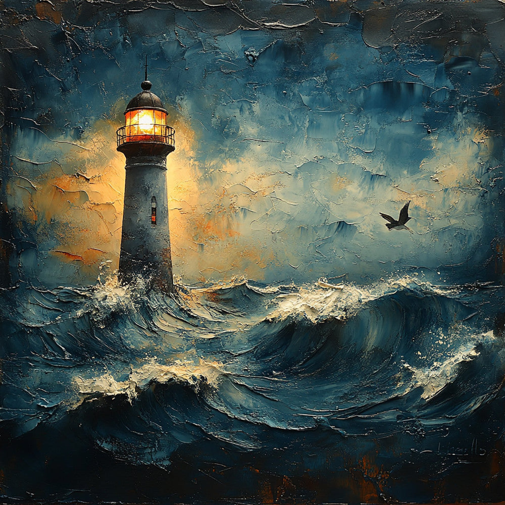 Lighthouse in Storm Fabric Panel 1
