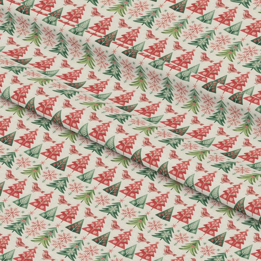 - Scandinavian Folk Christmas Pattern 17 Quilting Cotton Fabric - Christmas trees - Red and green colors - Snowflakes - Pine branches - Birds - Festive holiday theme - Cotton fabric - Quilting material - Yardage fabric - Traditional Scandinavian design