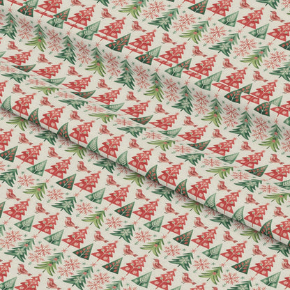 - Scandinavian Folk Christmas Pattern 17 Quilting Cotton Fabric - Christmas trees - Red and green colors - Snowflakes - Pine branches - Birds - Festive holiday theme - Cotton fabric - Quilting material - Yardage fabric - Traditional Scandinavian design