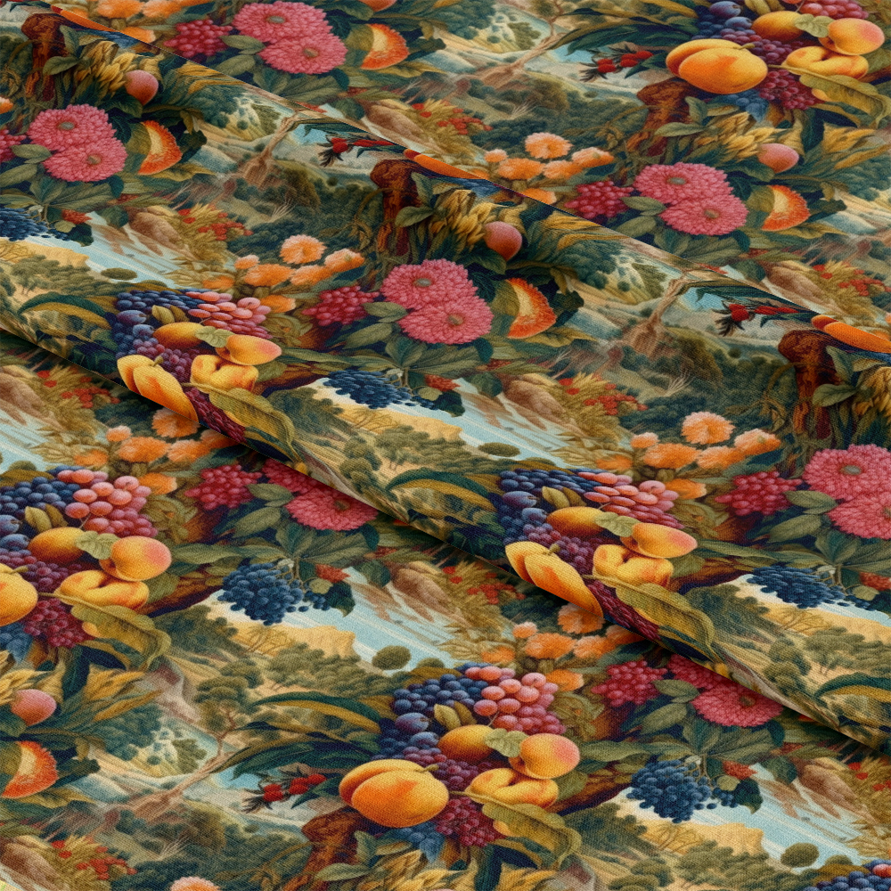 Fruits from Heaven Pattern 8 Quilting Cotton Fabric featuring vibrant multicolor floral and fruit design, rich pinks, oranges, greens, blues, textured cotton textile, premium quilting fabric, decorative, traditional style, soft finish, durable fabric suitable for quilting and sewing projects.