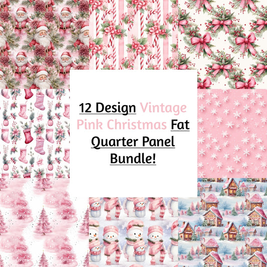 12 Design Vintage Pink Christmas Fat Quarter Panel Bundle!