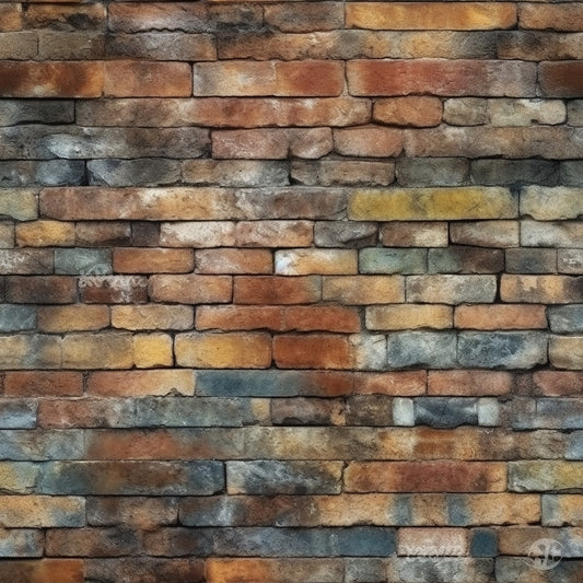 A textured brick wall with varying shades of brown, red, gray, and yellow bricks.