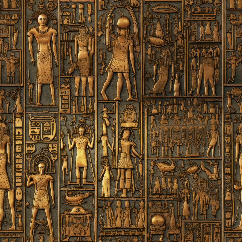 2D Ancient Egypt Pattern 72 Quilting Cotton Fabric featuring brown and gold Egyptian hieroglyphics, vintage style, textile design, ancient symbols, quilting cotton material, historic motif, ornamental fabric, traditional print, decorative cotton fabric.