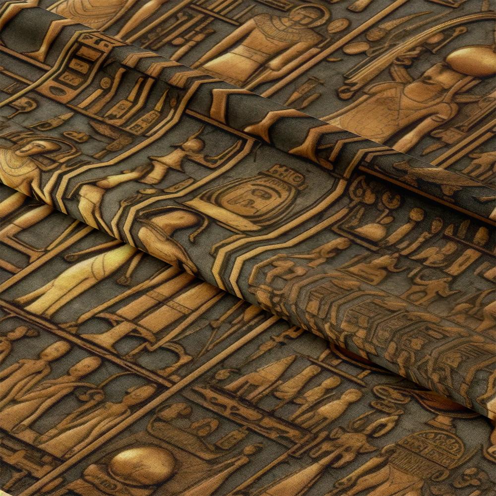 2D Ancient Egypt Pattern 72 Quilting Cotton Fabric, quilting cotton textile, ancient Egyptian motifs, hieroglyphic design, brown and gold colors, fabric yardage, premium cotton material, traditional style, vintage print, soft textile surface, eco-friendly fabric