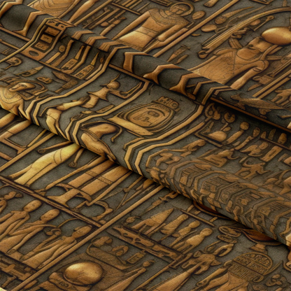 2D Ancient Egypt Pattern 72 Quilting Cotton Fabric, quilting cotton textile, ancient Egyptian motifs, hieroglyphic design, brown and gold colors, fabric yardage, premium cotton material, traditional style, vintage print, soft textile surface, eco-friendly fabric