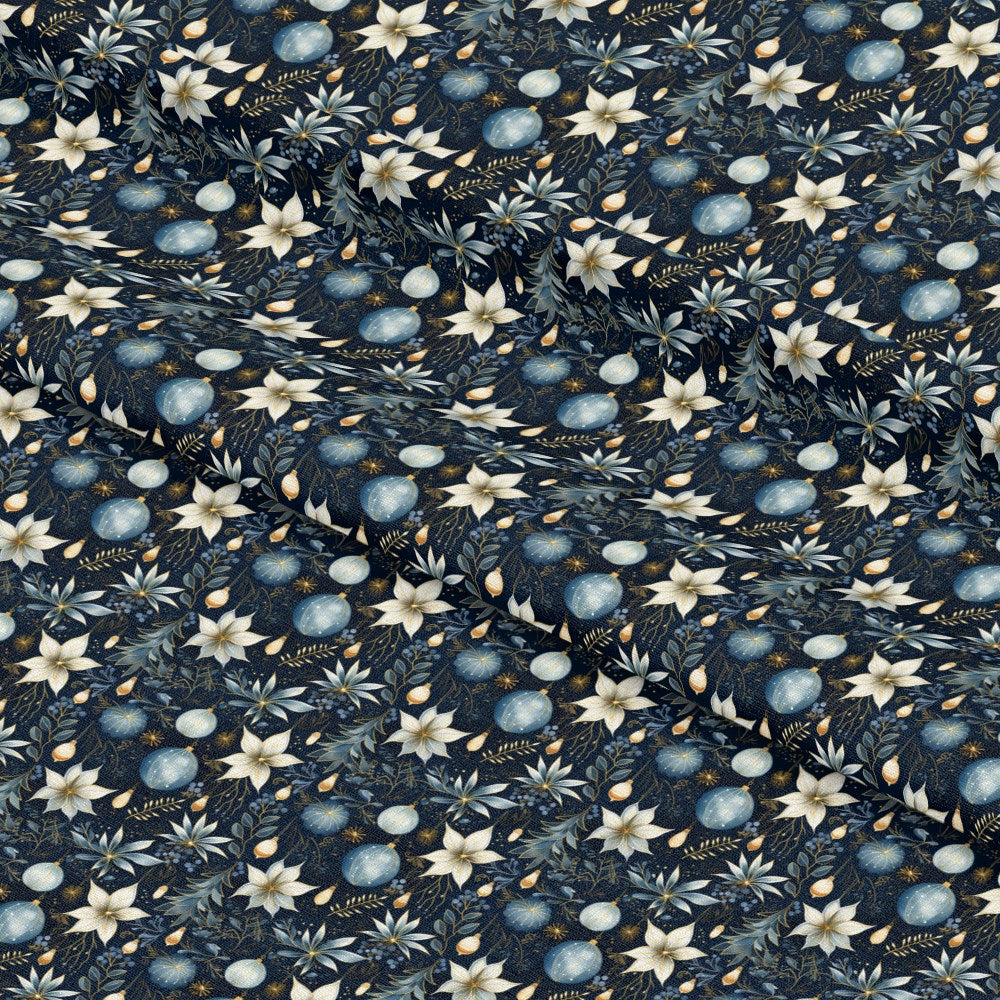 - Navy and Cream Christmas Pattern 2 Quilting Cotton Fabric  
- Floral motifs  
- Holiday ornaments  
- Festive foliage  
- Cotton textile  
- Quilting material  
- Seasonal design  
- Dark blue background  
- Cream flowers  
- Decorative elements