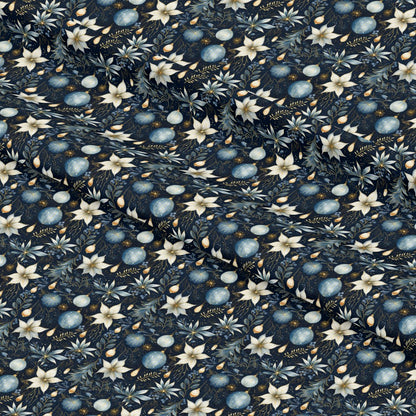 - Navy and Cream Christmas Pattern 2 Quilting Cotton Fabric  
- Floral motifs  
- Holiday ornaments  
- Festive foliage  
- Cotton textile  
- Quilting material  
- Seasonal design  
- Dark blue background  
- Cream flowers  
- Decorative elements