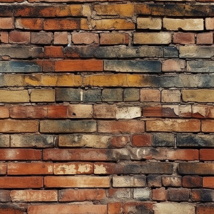 A weathered brick wall with various shades of red, brown, and yellow bricks, showing signs of aging and discoloration.