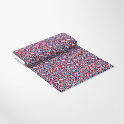 - USA Flag Swirls Pattern 12 Quilting Cotton Fabric  
- fabric roll  
- cotton textile  
- red, white, blue colors  
- patriotic design  
- swirling shapes  
- quilting material  
- yardage fabric  
- American theme  
- decorative cloth