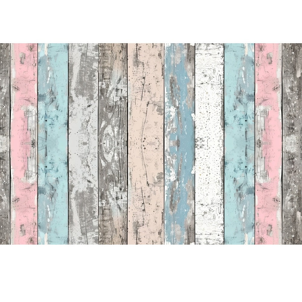 Vertical planks in a repeating pattern with distressed textures. Colors include pink, blue, gray, beige, and white.