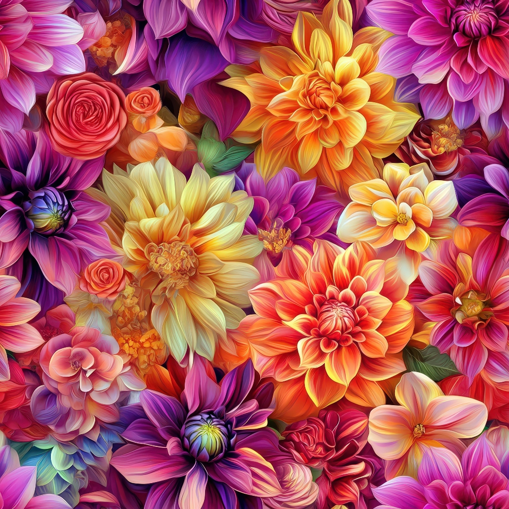 vibrant flowers, dahlia blooms, purple petals, orange blossoms, pink roses, yellow centers, coral tones, magenta hues, floral pattern, botanical design, 3d effect, realistic flowers, quilting cotton, fabric panel, layered petals, garden flowers, warm colors, cool purples, dense floral, blooming design