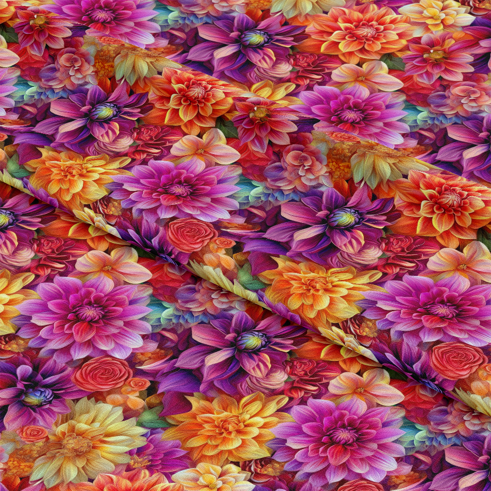 3D Colorful Florals Pattern 10 Quilting Cotton Fabric with vibrant floral design, featuring shades of purple, orange, yellow, red, and green. Premium quilting fabric with multicolor blossoms, leaves, and petals creating a lively, textured appearance. Soft cotton material ideal for quilting projects and creative crafts.