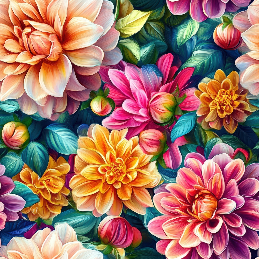vibrant florals, dahlia flowers, peach blooms, pink petals, orange flowers, purple blossoms, teal leaves, botanical design, layered petals, 3d effect, realistic flowers, lush foliage, garden theme, quilting cotton, fabric panel, floral pattern, blooming dahlias, colorful petals, nature motif, spring flowers